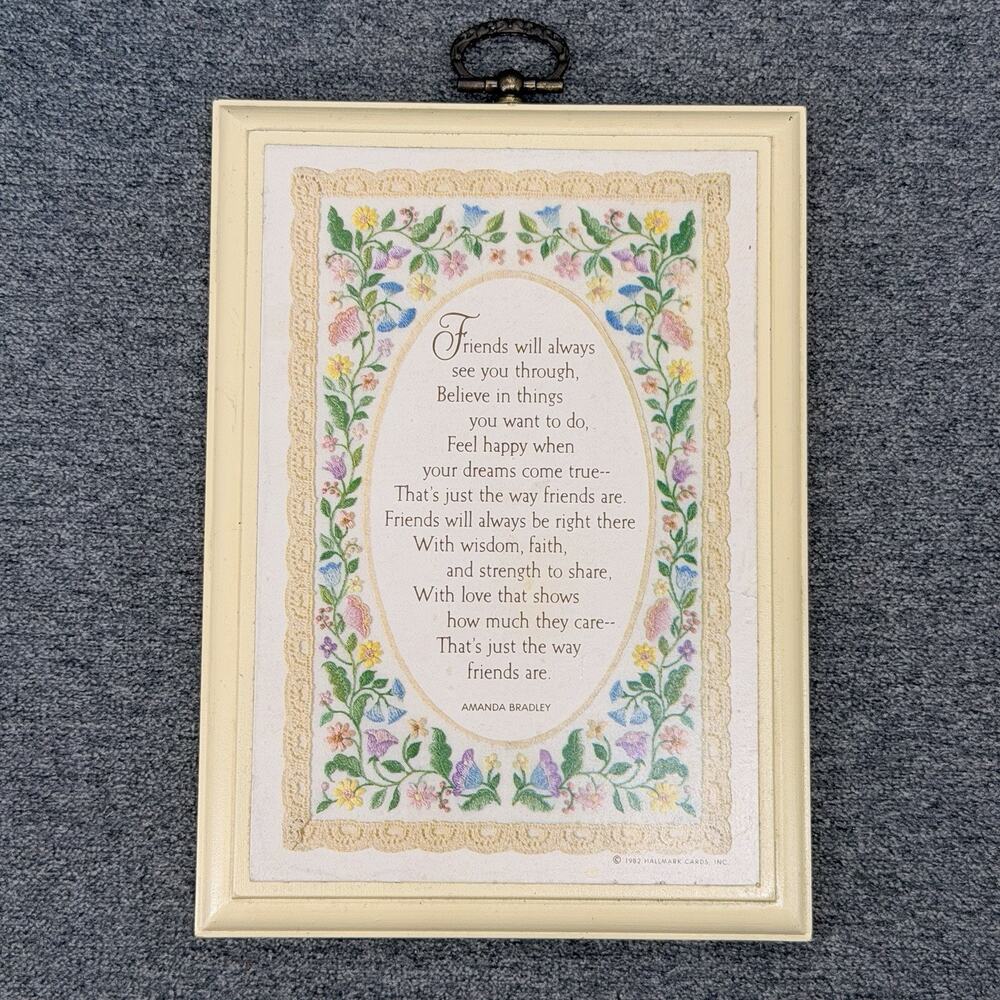 1980s Hallmark Amanda Bradley FRIENDS POEM Wood Wall Plaque Floral Cottagecore